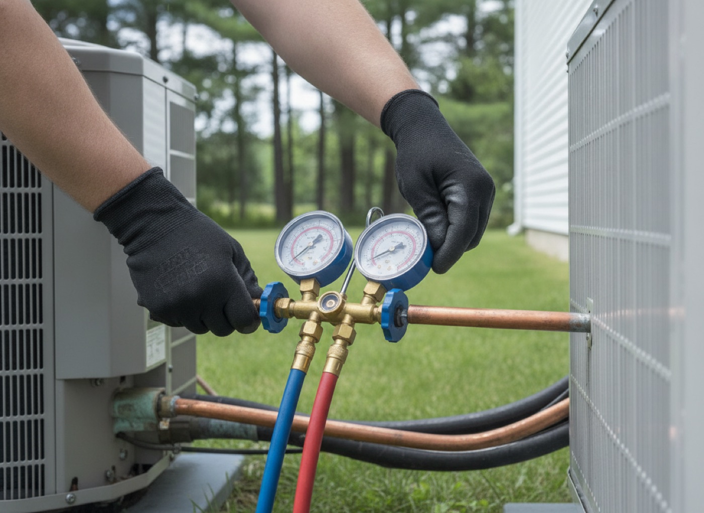 Technician checking refrigerant gauges on a central air conditioner