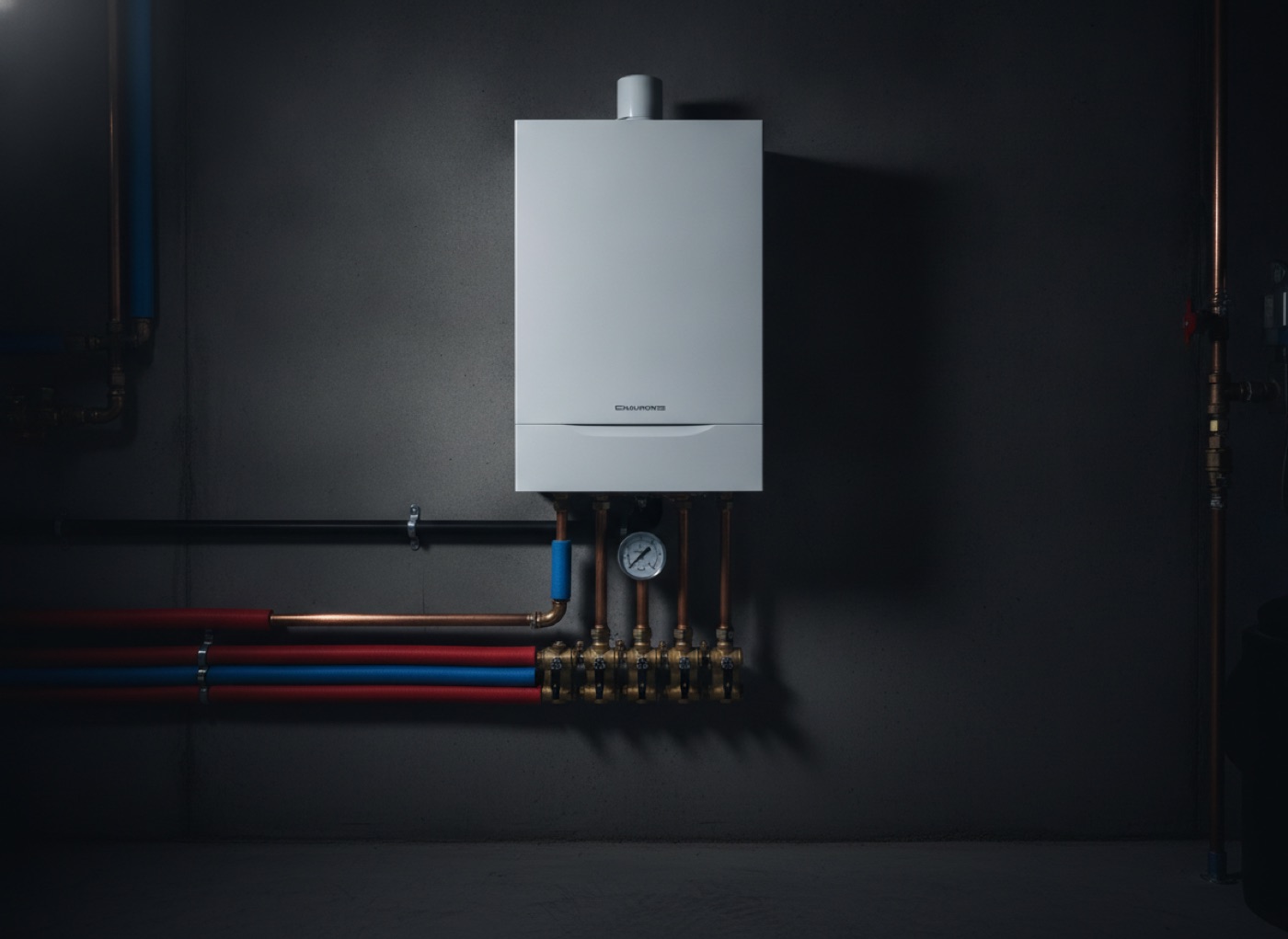 Newly installed wall-hung condensing boiler with clean copper piping