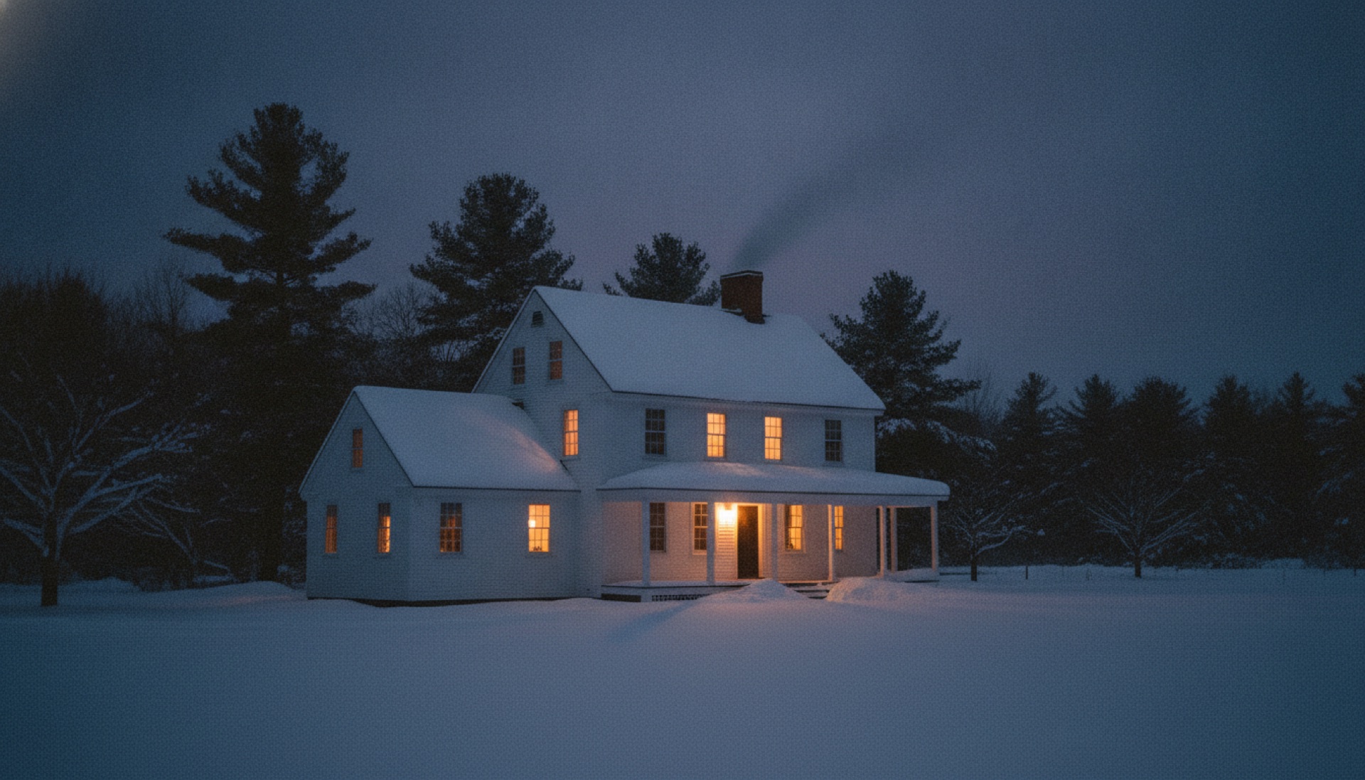 New England colonial home glowing warm on a winter night