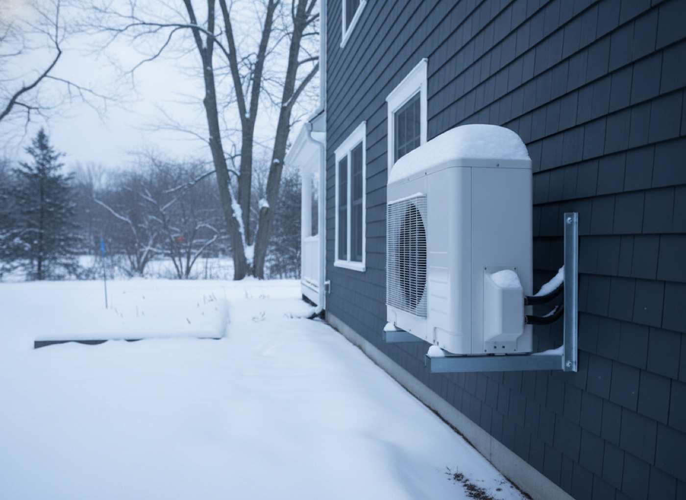 Ductless mini-split heat pump condenser on a snowy New England home