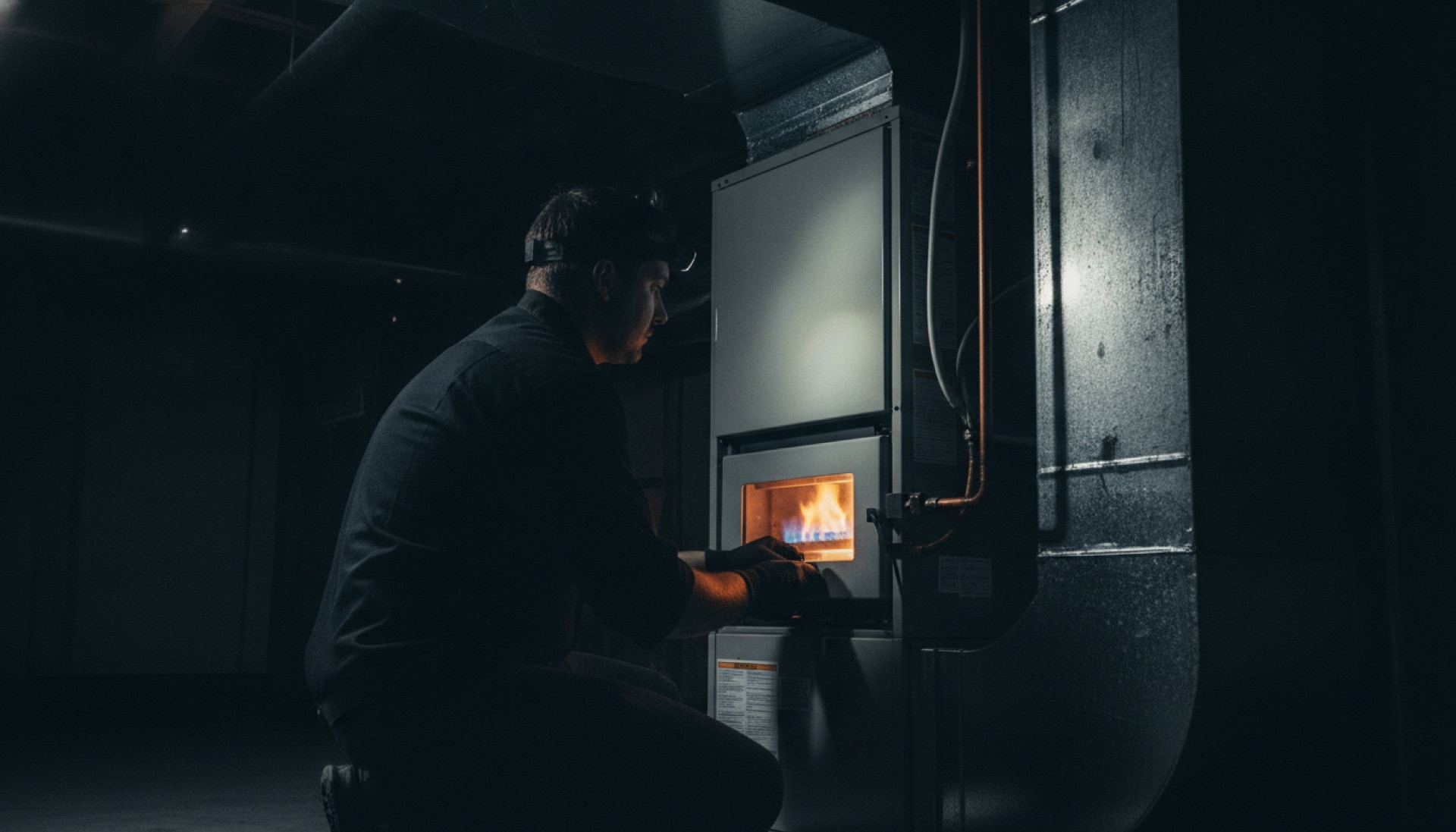 HVAC technician servicing a high-efficiency furnace in a New England basement