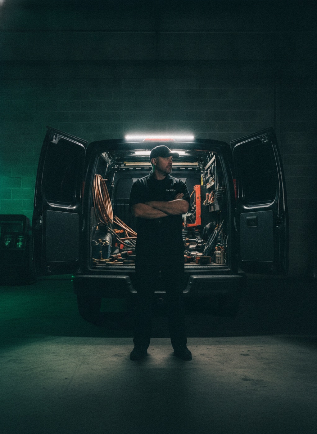 Shamrock Mechanical owner in front of the service van